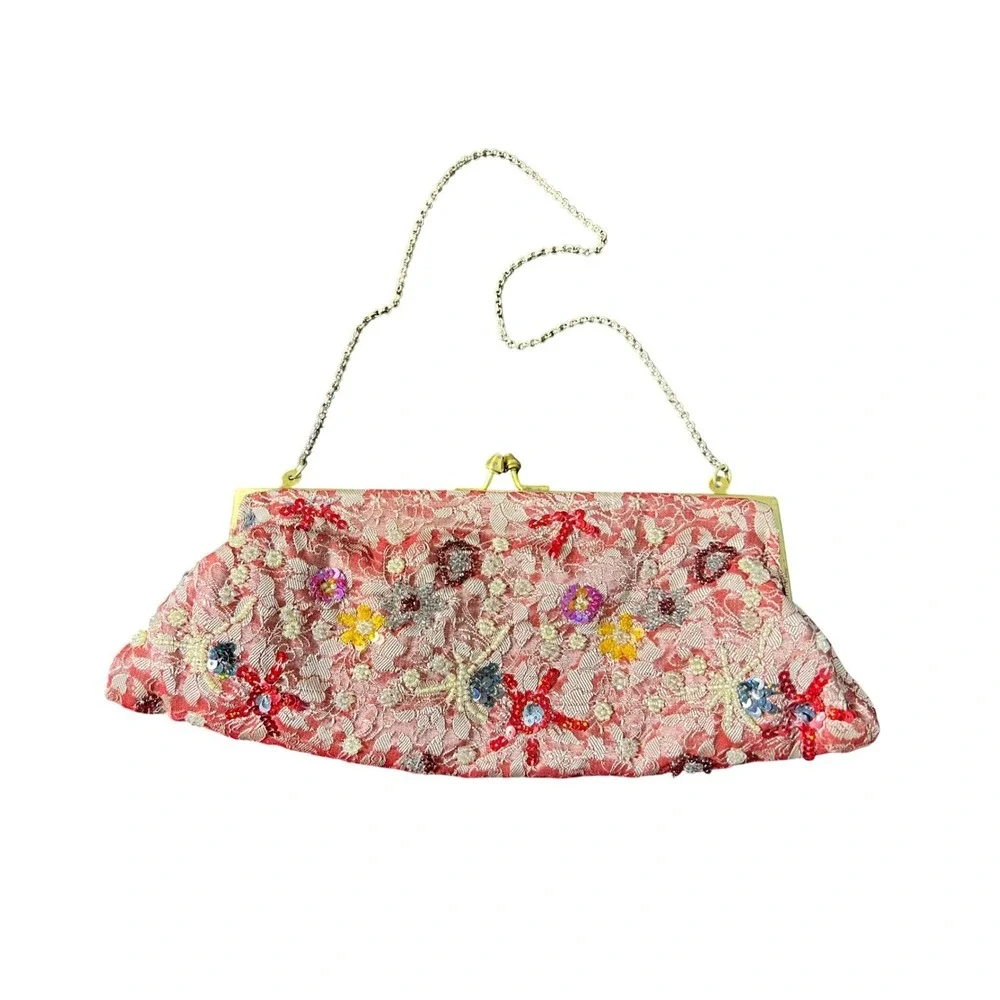 Vintage Pink Lace Beaded Floral Evening‎ Clutch Bag Gold Chain Made in India