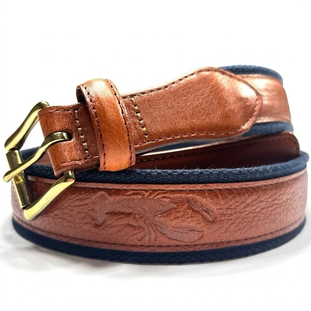 LL Bean Belt Men's 38 Brown Pebbled Leather Brass Buckle Lobsters Preppy Casual