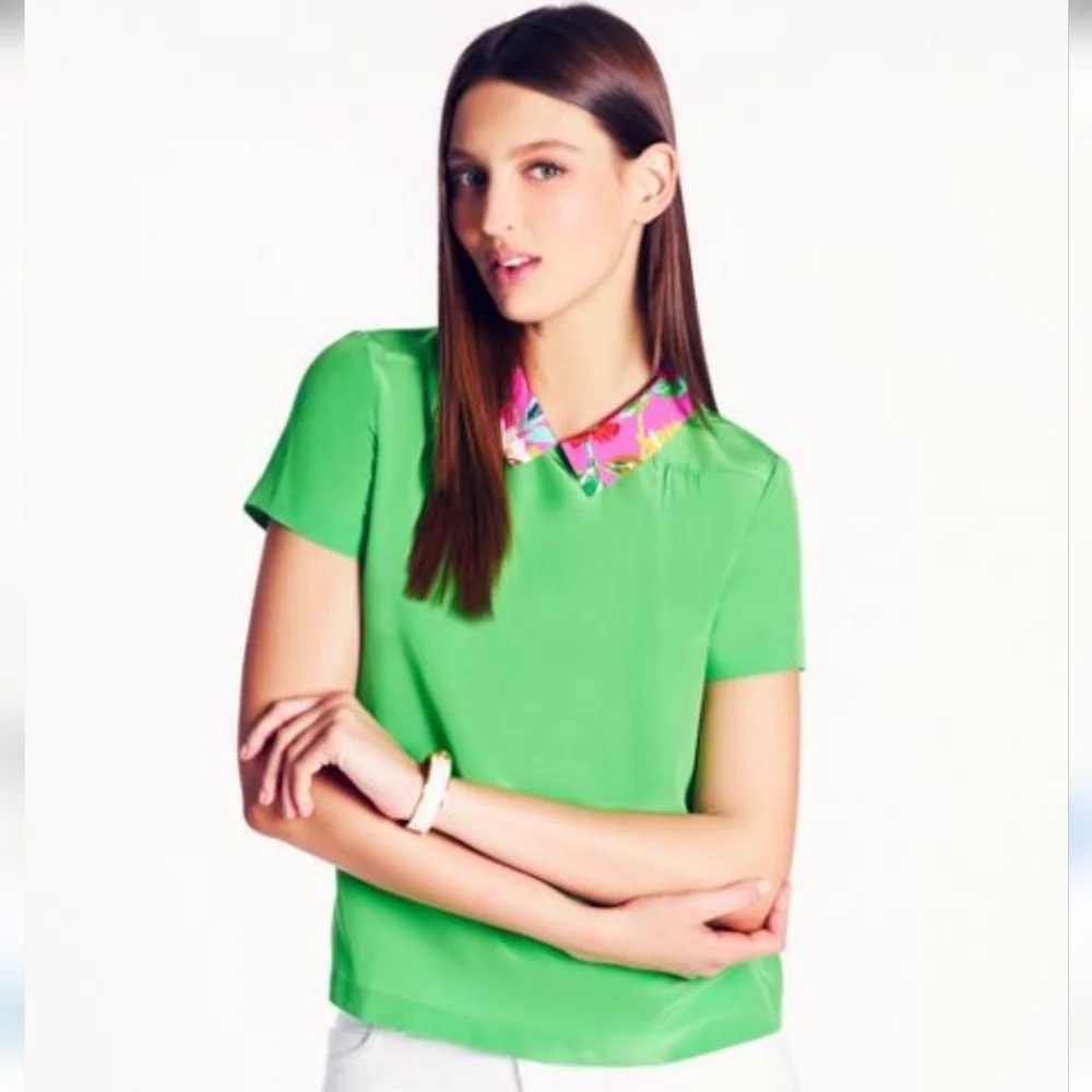 Kate Spade Bright Green Short-Sleeve Top with Pink Floral Collar