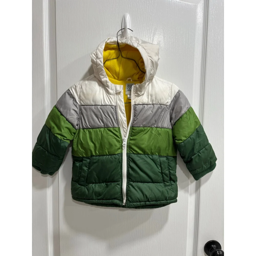 Kids Old Navy Hooded Color Block Puffer Jacket with Yellow Fleece Lining, 3T