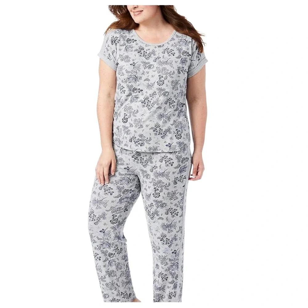 Lucky Brand Womens XXL Pajama Set Grey Blue Floral Short Sleeve Soft Lounge NEW‎