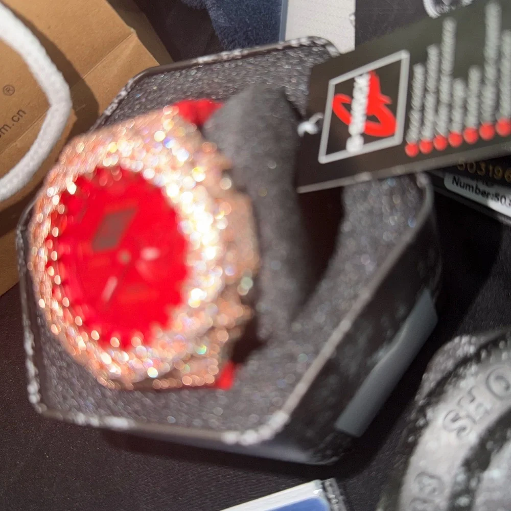 Casio G-Shock Red Strap Watch with Rose Gold Crystal Bezel vvs1 tester passing