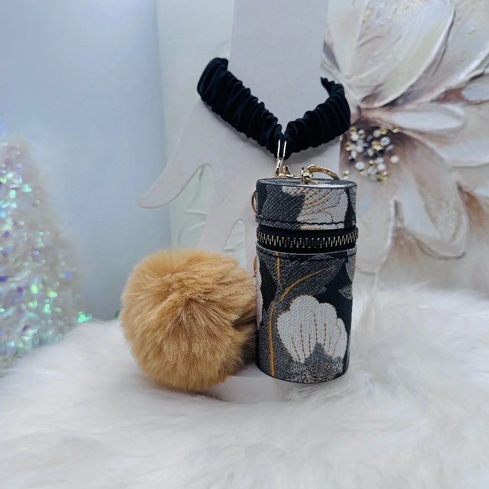 Floral Patterned Black and Gold Women's Coin Purse or Bag Charm Accessory