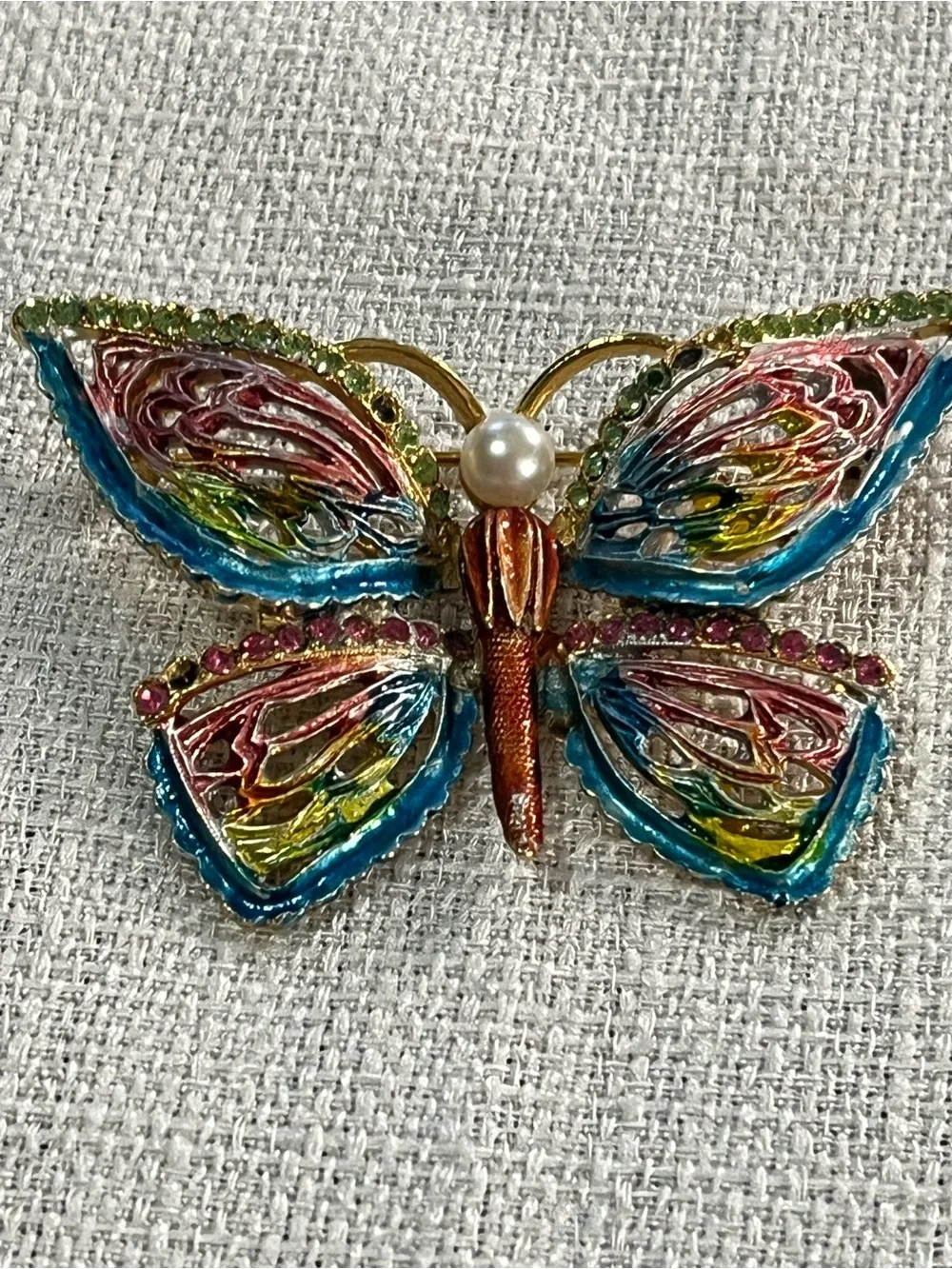 Colorful Enamel Butterfly Brooch with Pearl Accent Gold Toned Vintage