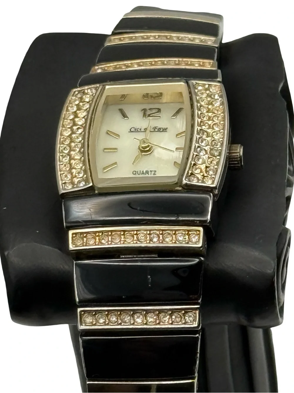 Cici & Faye Women's Quartz Watch Black Gold Tonneau Case Rhinestone Link Band