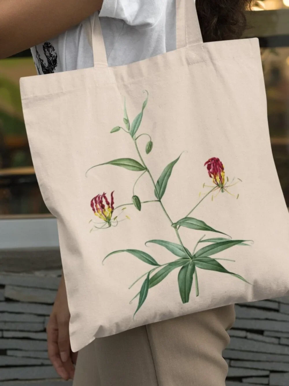 Flame Lily Vintage Floral Print Graphic Canvas Tote Bag