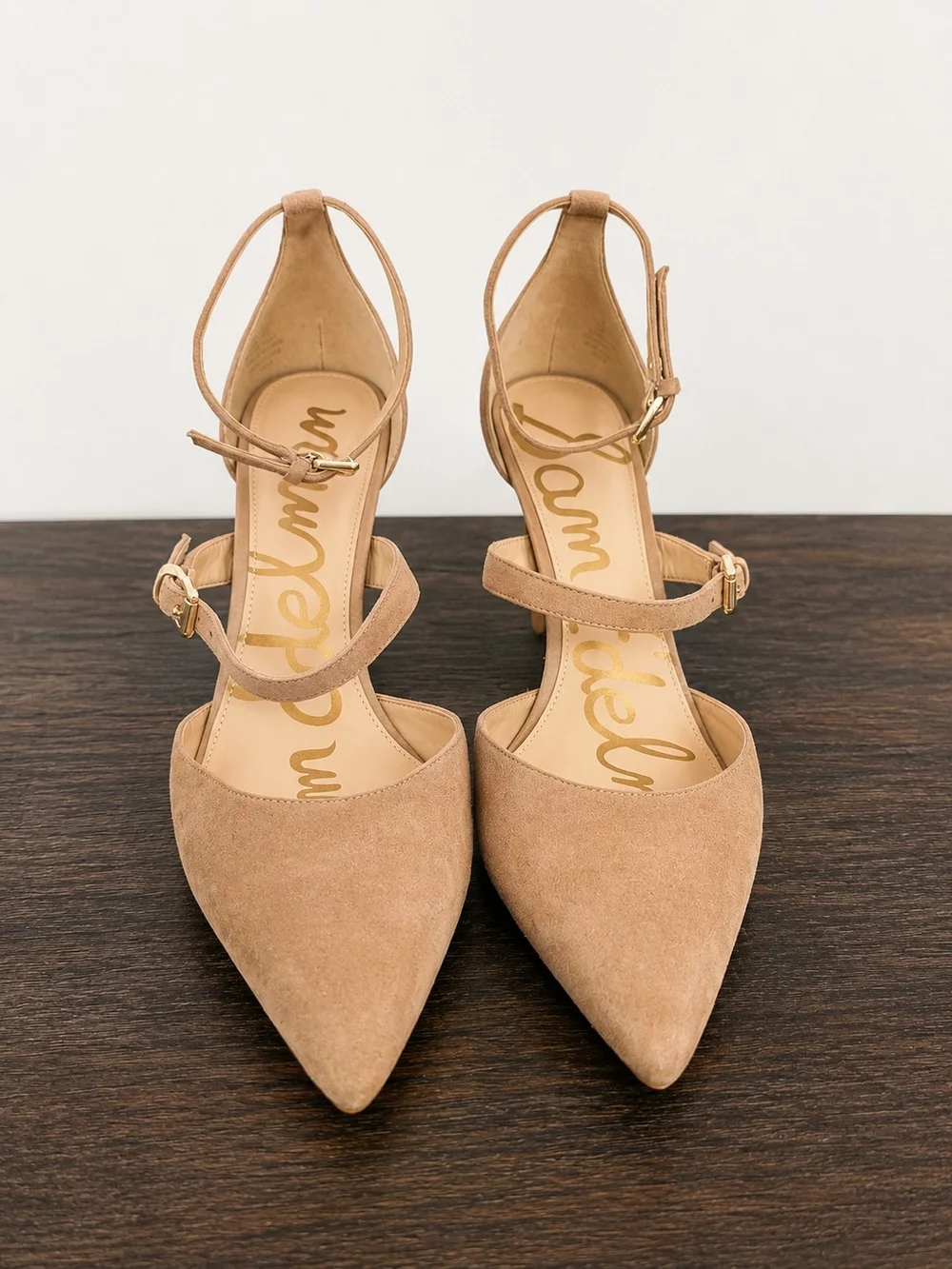 Sam Edelman Tan Suede Pointed Toe Ankle Strap Heels