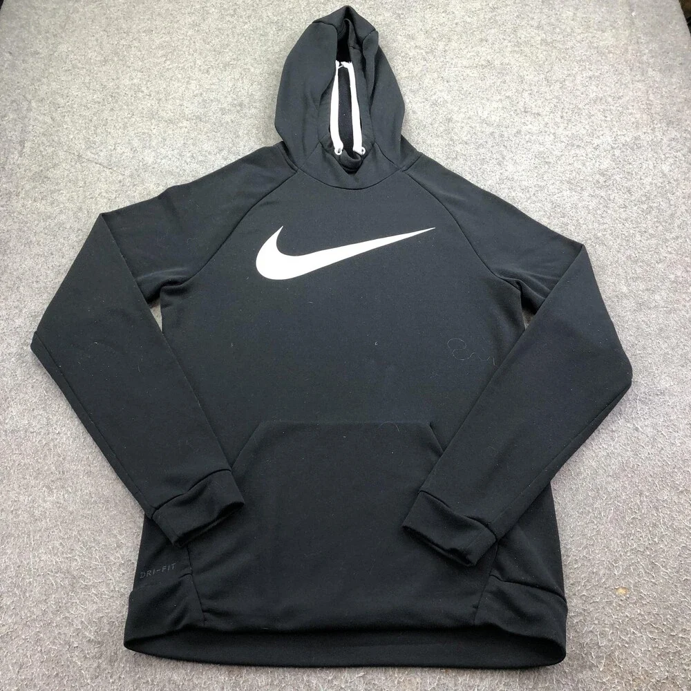 Nike Hoodie Mens Medium Black Pullover Dri Fit Sweatshirt Big Swoosh Logo Front