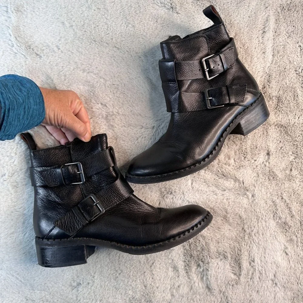 Gentle Souls Boots Womens 8.5 Moto Best‎ Of Black Leather Strap Buckle Ankle