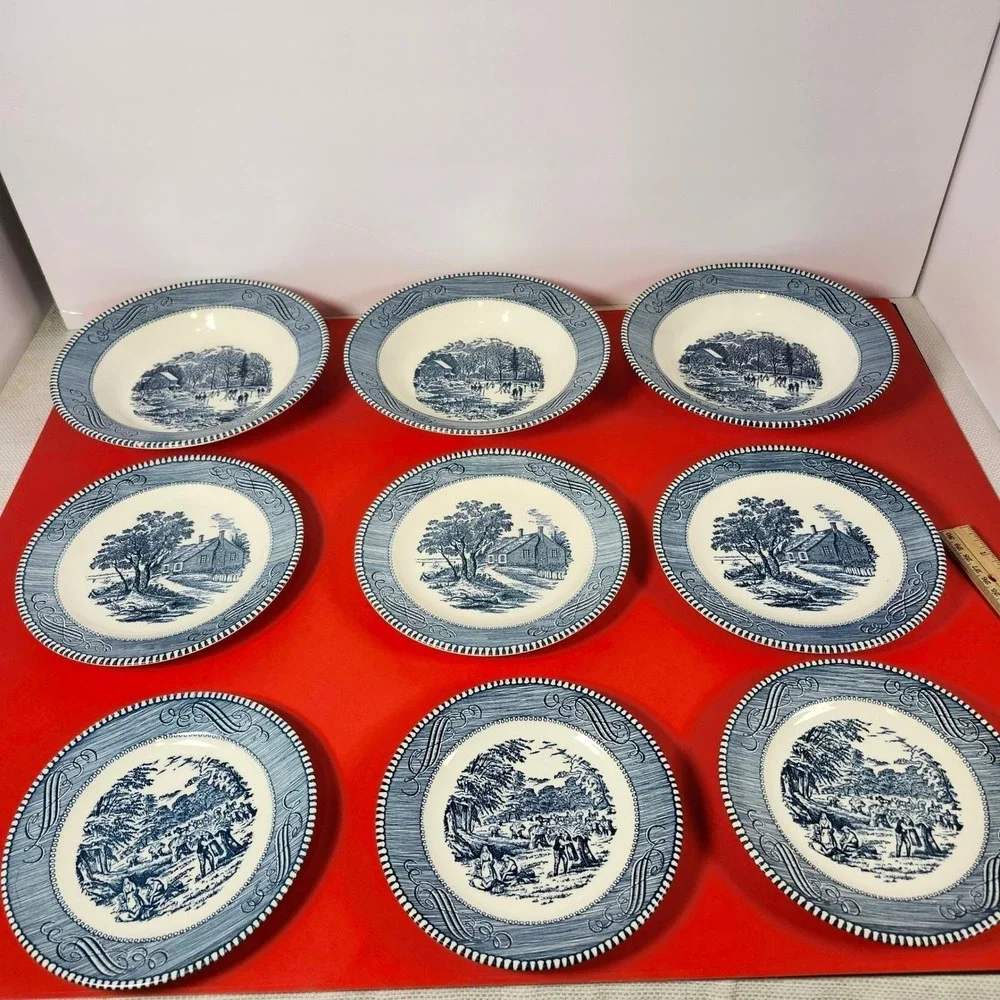 Royal‎ China Currier and Ives Blue White Plates Soup Bowls 12pcs Set Made in USA