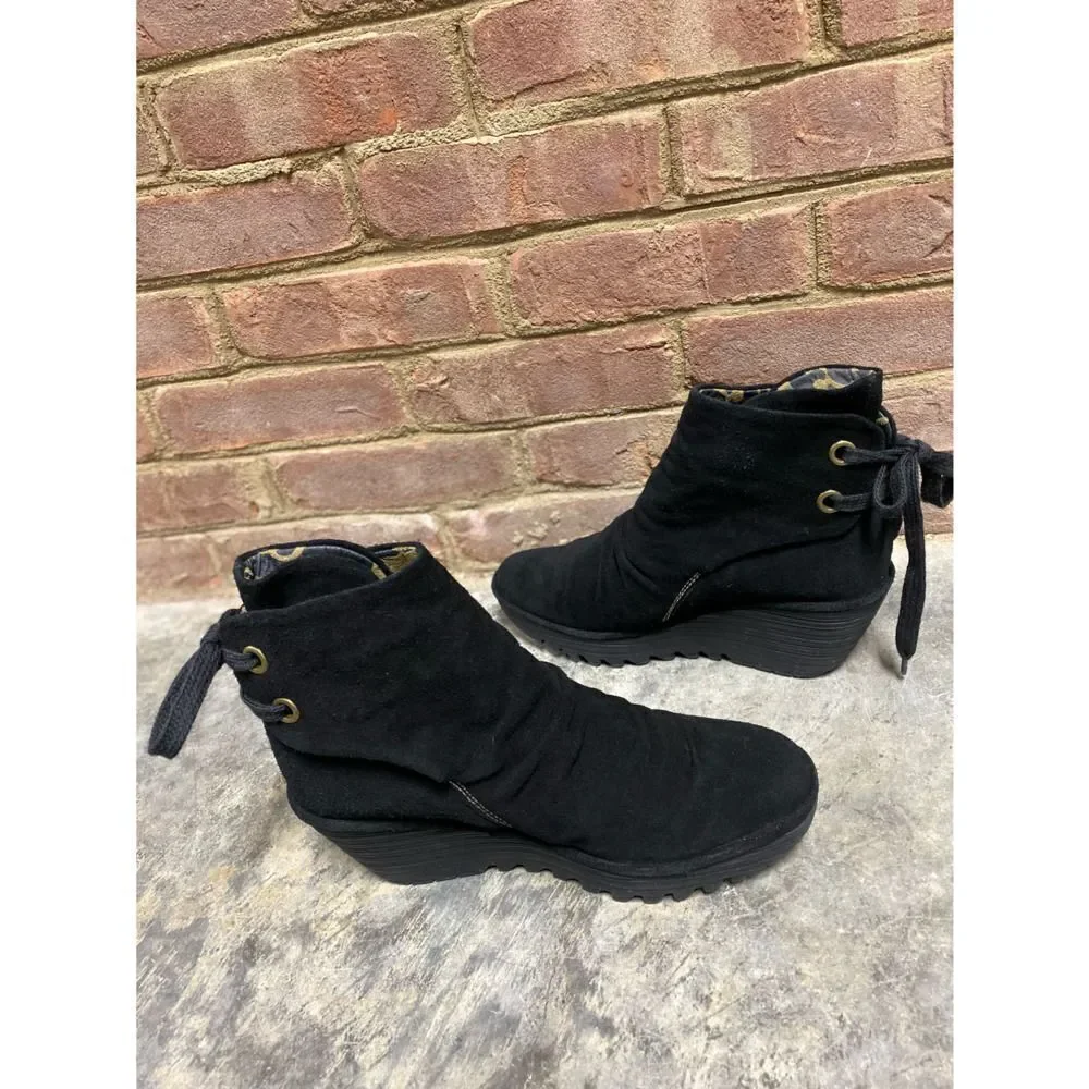 Fly London Black Leather - Suede Yama Wedge Ankle Bootie