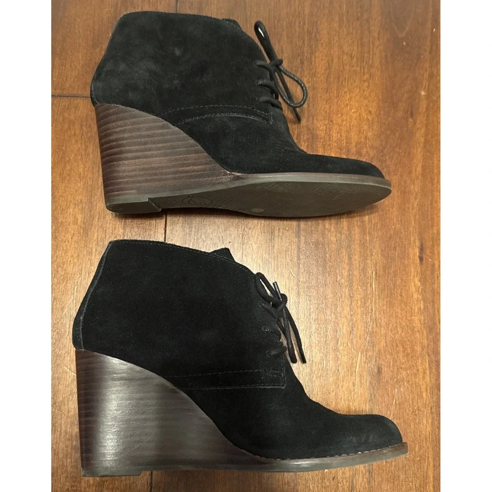 Lucky Brand LZ Yamens Booties Women 7.5 Black Suede Wedge Lace‎ Up Ankle Boots
