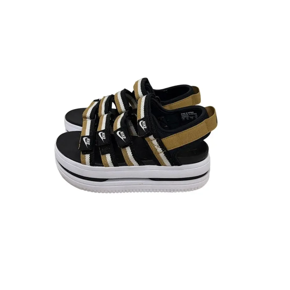 Nike Icon Classic Black White Gold Strappy Platform Sandals Size 7