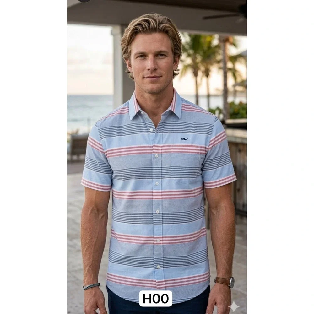 Vineyard Vines Boy's Whale Shirt Light Red Blue White Striped Short Sleeve Sz XL