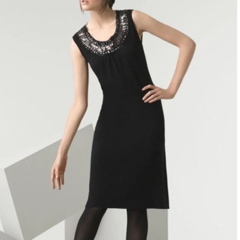 Tory Burch Jet Black Dress Embellished Neck 100% Merino Wool