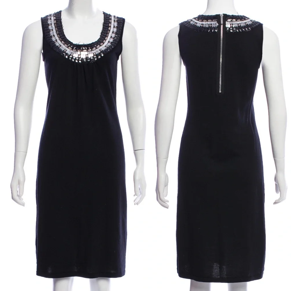 Tory Burch Jet Black Dress Embellished Neck 100% Merino Wool
