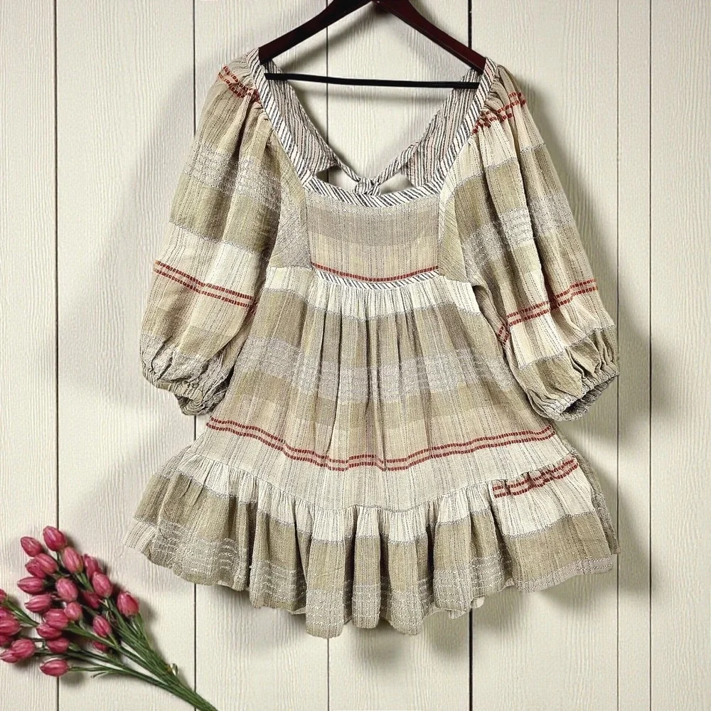 Free People Striped Plaid Gauze Mini Dress Open Back Boho Festival‎ Size L