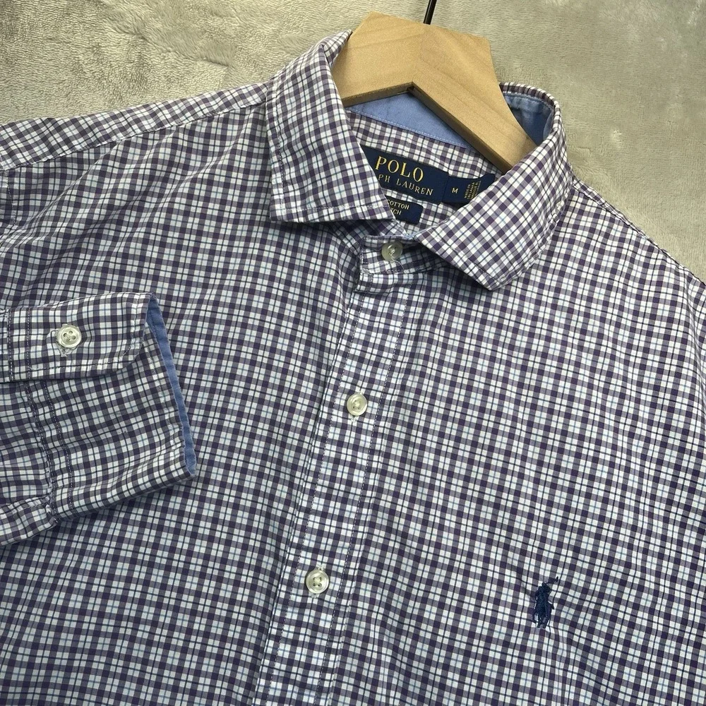 Polo Ralph Lauren Shirt M Blue Plaid Cotton Stretch Button Down Long Sleeve‎