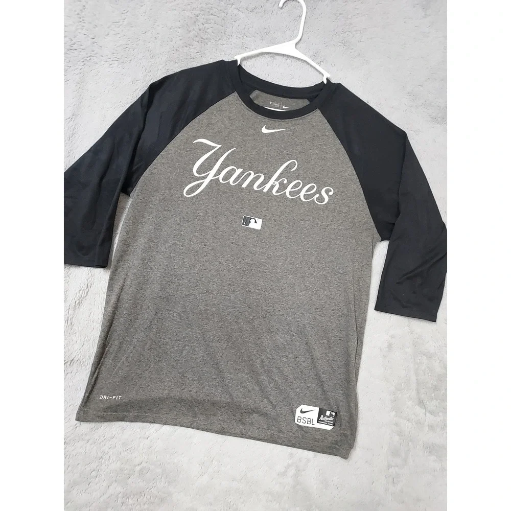 New York Yankees Shirt Mens XL Nike MLB Baseball Raglan Gray Black 3/4 Sleeve