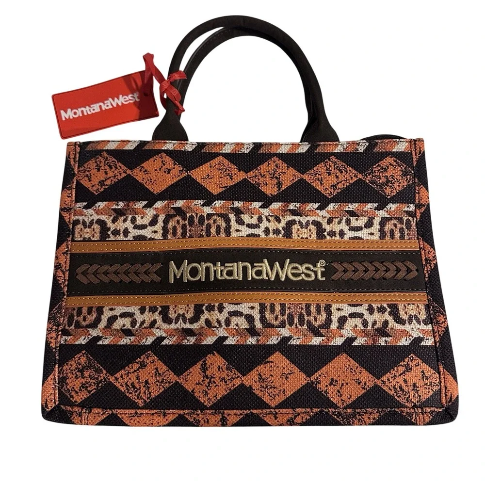 Montana West‎ Southwestern Leopard Accent Tote Bag Rust Black Western Purse NWT