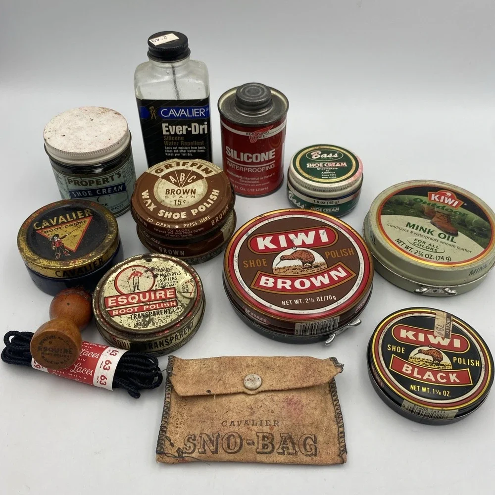 Lot of‎ 14 Vintage Shoe Shine Boot Polishes Kiwi Esquire Cavalier Brush Sno-Bag