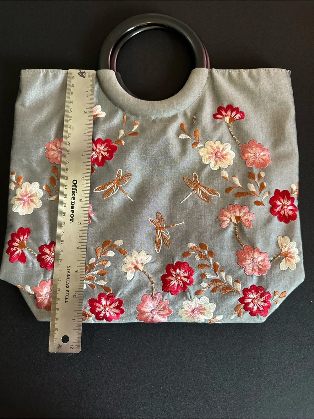 Embroidered Floral Tote Bag with Round Handles - Gray & Pink