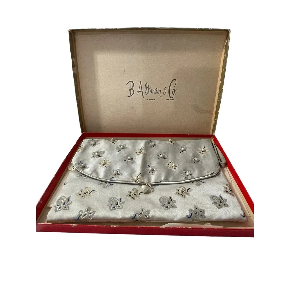 NOS Beaded‎ Clutch Purse Hand Bag In Original Gift Box Faux Pearl Floral READ
