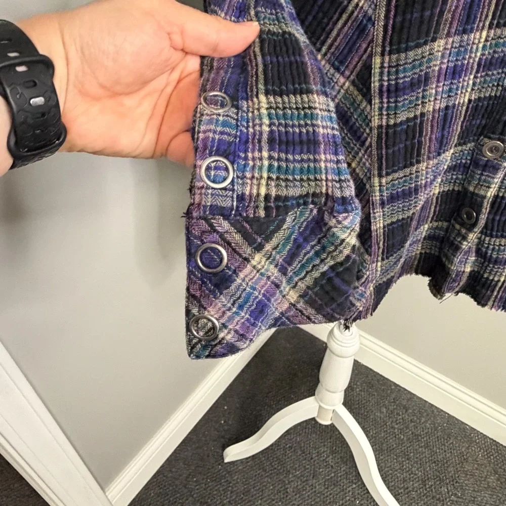 Free People Purple Plaid Grommet Detail Frayed Hem Cotton Shirt Small