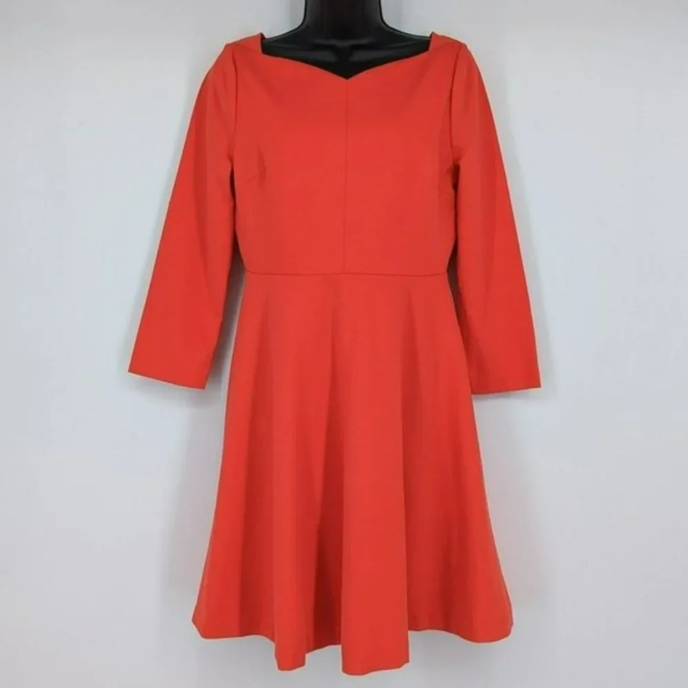 Kate Spade Fit & Flare Dress 6 Red 3/4 Sleeve Sweetheart Neck Stretch Ponte Knit