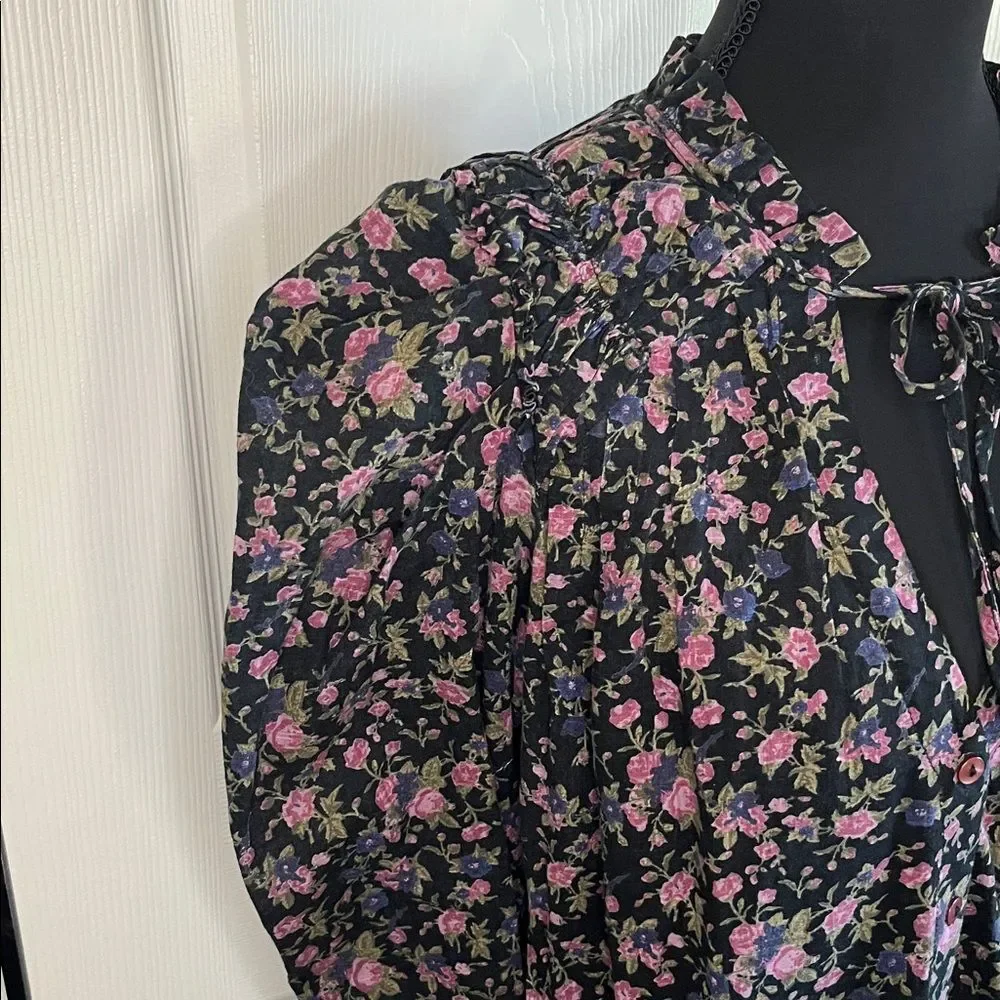 Free People Meant To Be Black Floral Cotton Puff Sleeve Top Small Cottagecore