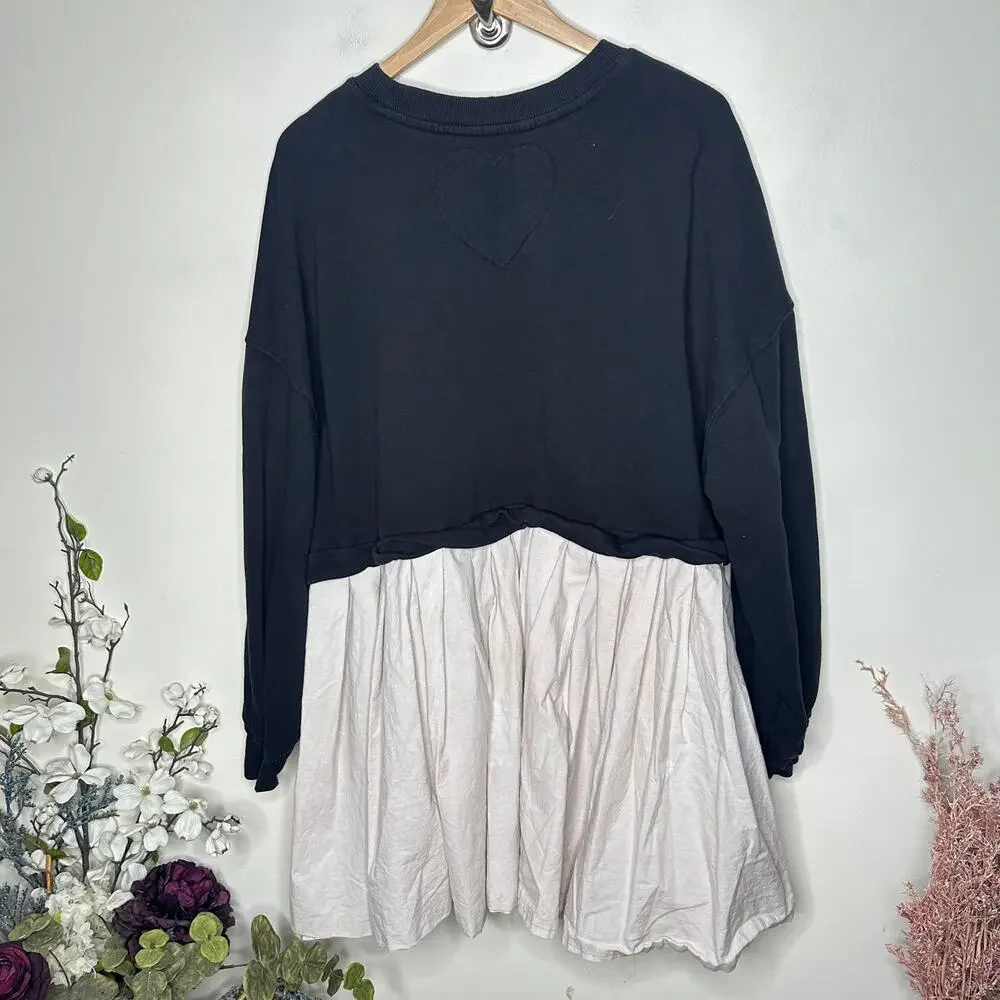 FREE PEOPLE Eleanor Sweatshirt Dress Black Ivory Sz L $128 {3C44}