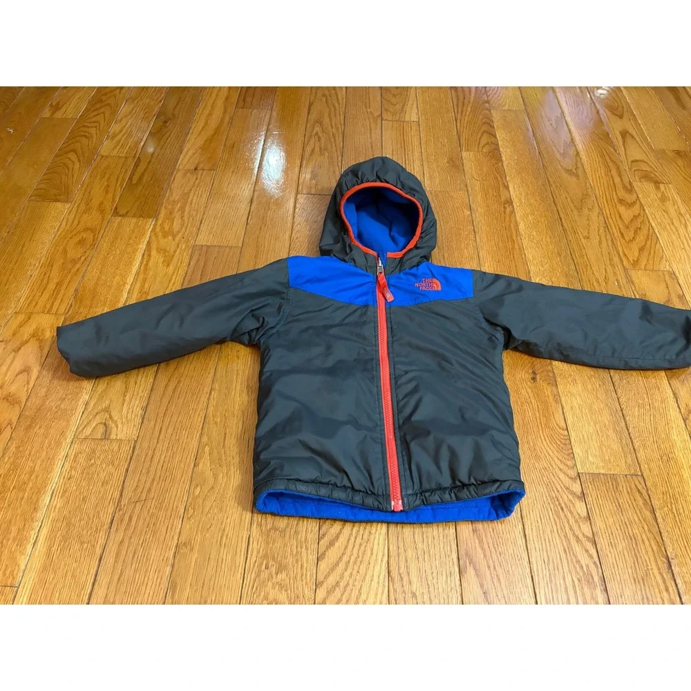 The North Face Reversible Hooded Jacket Toddler 4T Blue Black Fleece Puffer‎