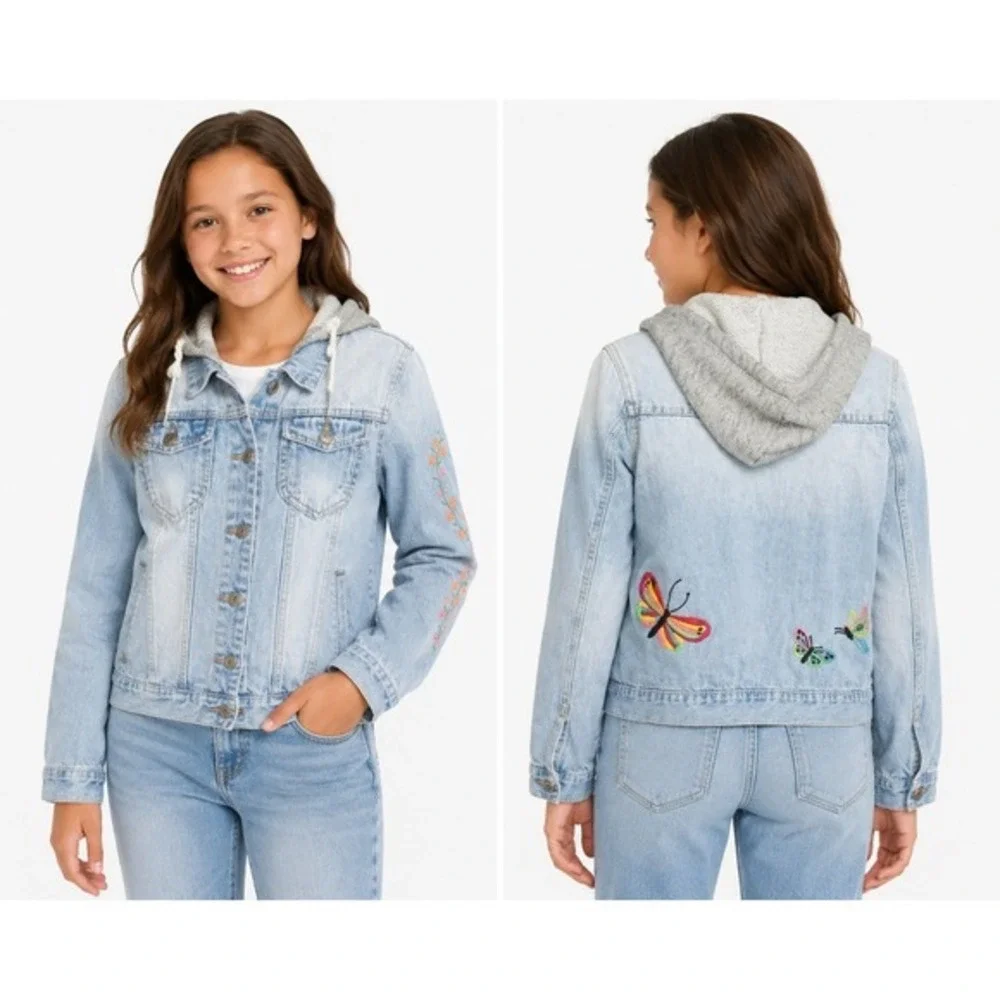 The Style Between‎ Us Girls S Light Wash Denim Jacket Embroidered Butterfly Hood