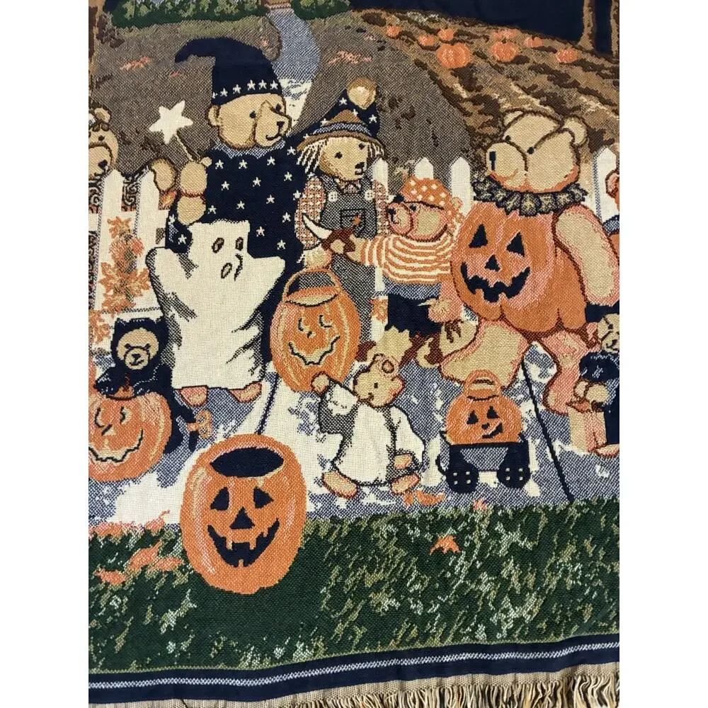VTG 90s Goodwin Weavers Halloween Bears Trick or Treat Tapestry Throw Blanket