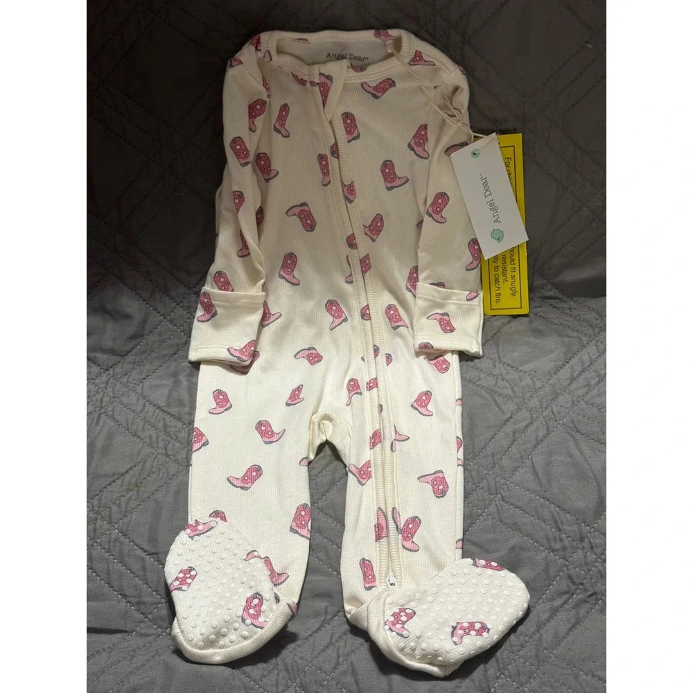 Angel Dear Baby Girls Pink Cowboy Boot Print Footie Sleeper 6-9M Cream Western