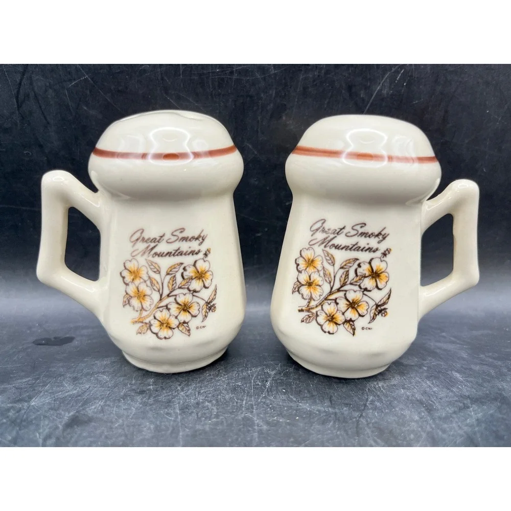 Vtg Ceramic Great Smoky Mountain Floral Salt & Pepper Shakers 2.75