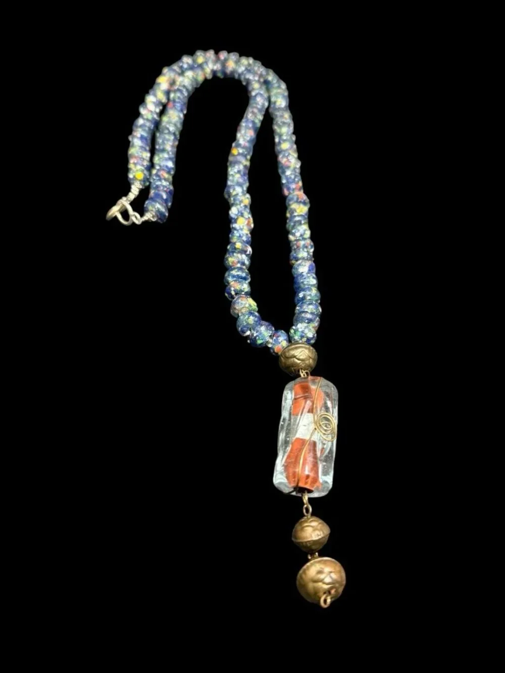 Vintage Venetian Murano Blue Art Glass Floral Wedding Cake Beads Necklace 32”