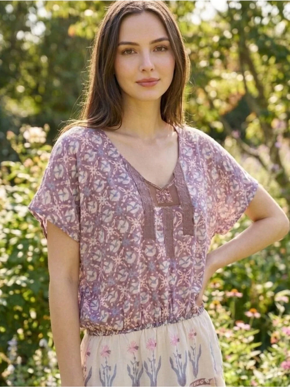 Free People Purple Floral Cottagecore Shirt Bohemian Oversized Blouse Size Small