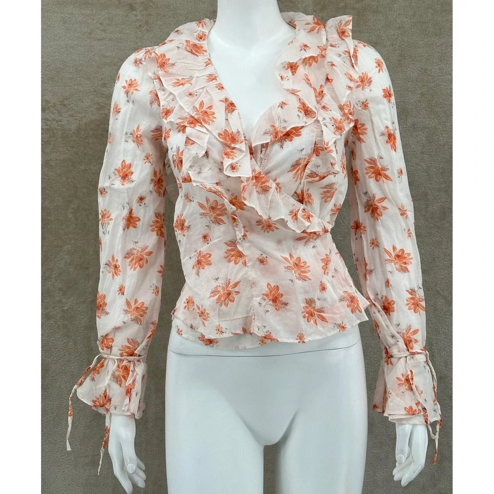 Free People Top Womens XS Ivory Amanda Floral Ruffle Wrap Boho Cottage Romantic‎
