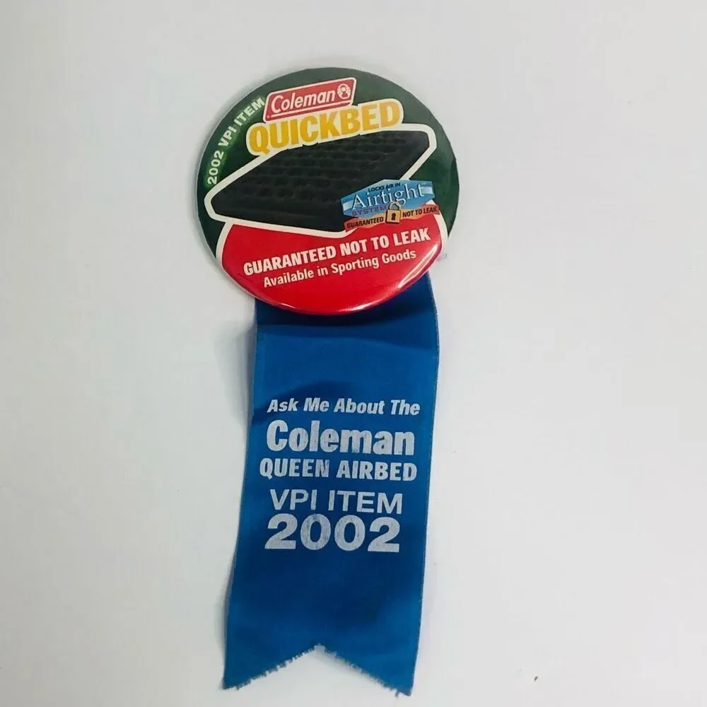 coleman quick‎ bed pin pin back button air bed badge blue ribbon advertising