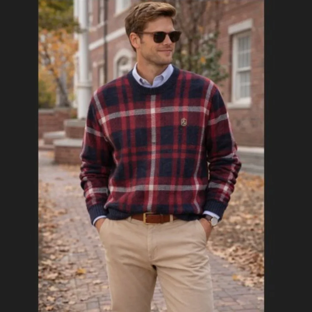 Tommy Hilfiger Plaid Sweater Mens M‎ Red Navy Crest Logo Preppy Classic Knit