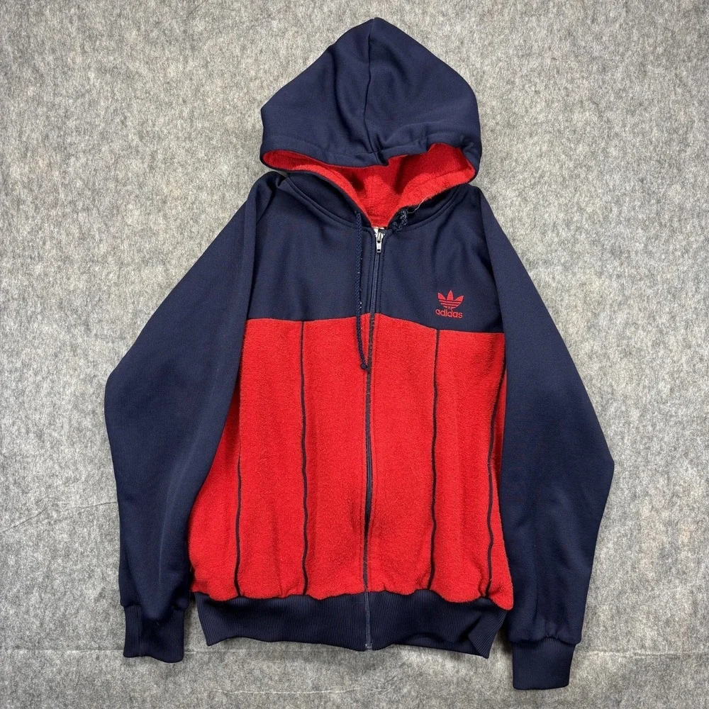 Vintage 1980s Adidas Hoodie‎ Sweatshirt Medium Red Blue Terry Cloth Tre Foil
