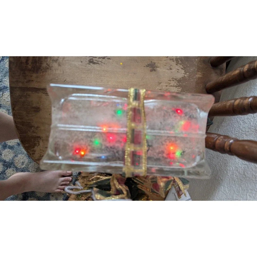 Lighted Frosted Glass Block Christmas Present Decor Multi-Color Lights Plaid Bow