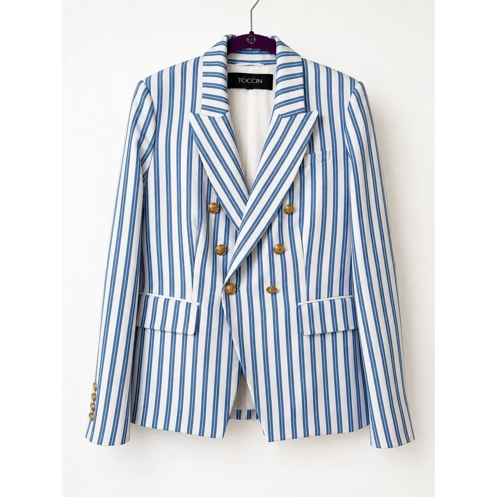 TOCCIN Blue White Striped Double Breasted Blazer Gold Button Peaked Lapel Jacket
