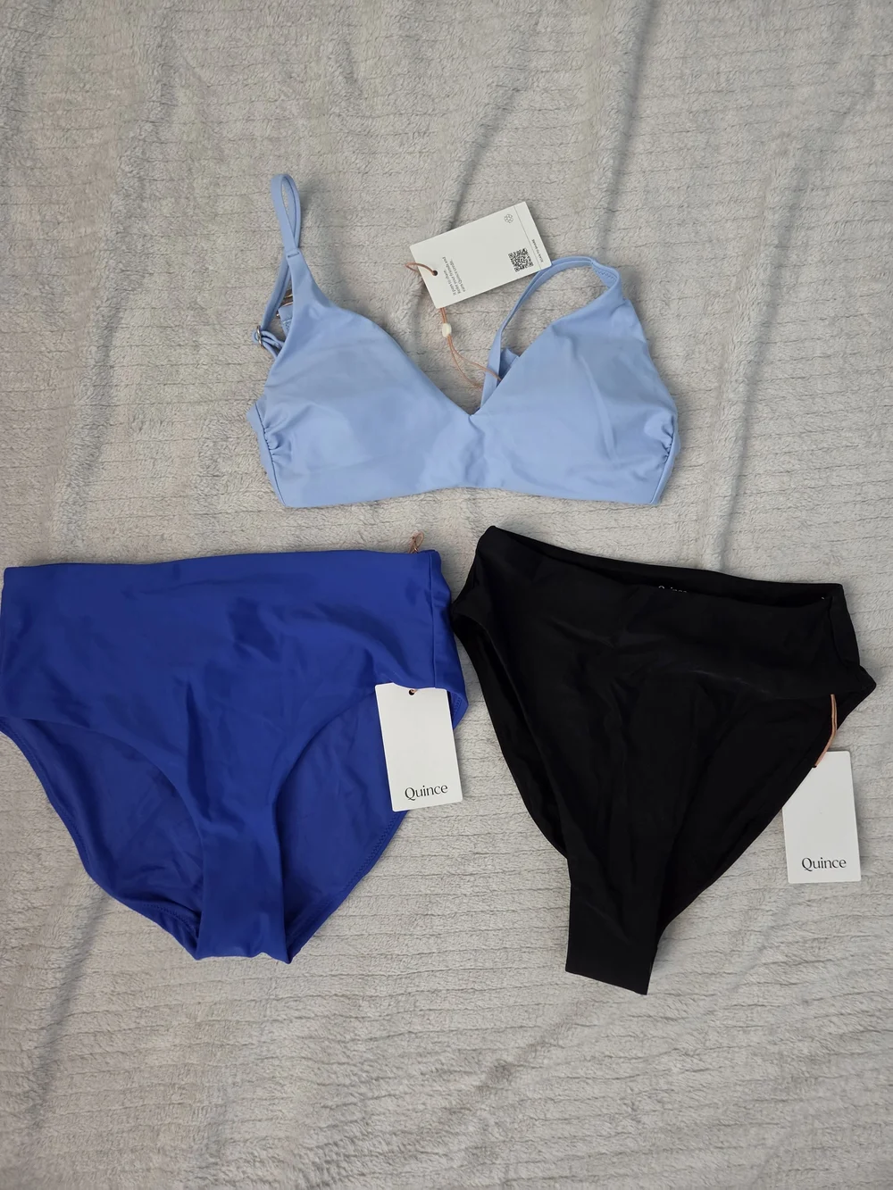 Quince Three-Piece Bikini Set in Light Blue, Royal Blue & Black XS