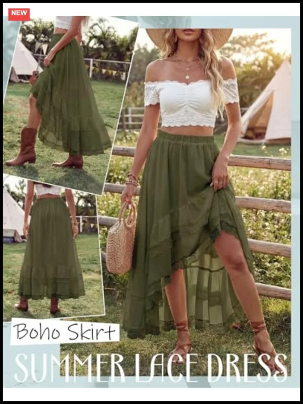 Women's High Low Lace Ruffle Boho Maxi Skirt, Elastic Waist Asymmetrical