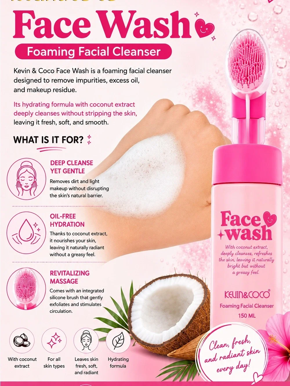Kevin & Coco Pink Foaming Face Wash - Hydrating Coconut Cleanser