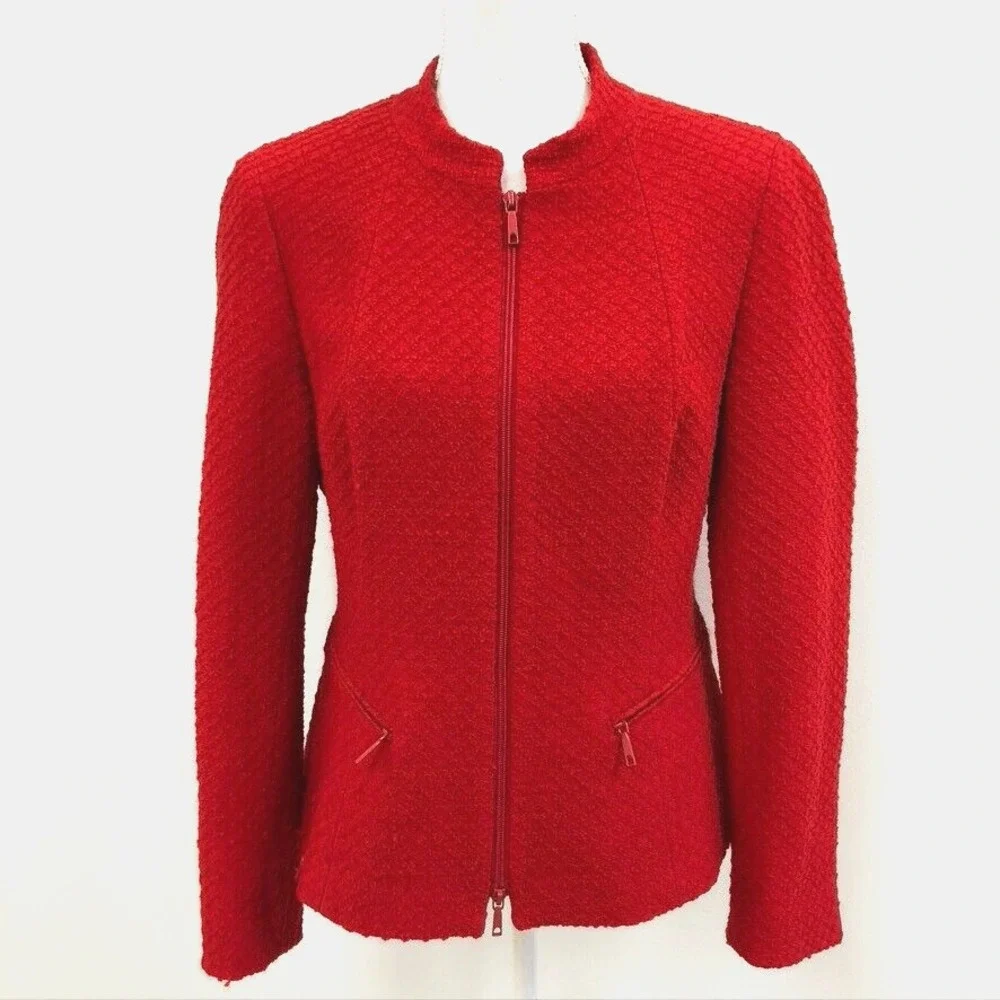 Lafayette 148 Wool Blazer Jacket Womens 8 Red Jacquard Full Zip‎ Career Teacher