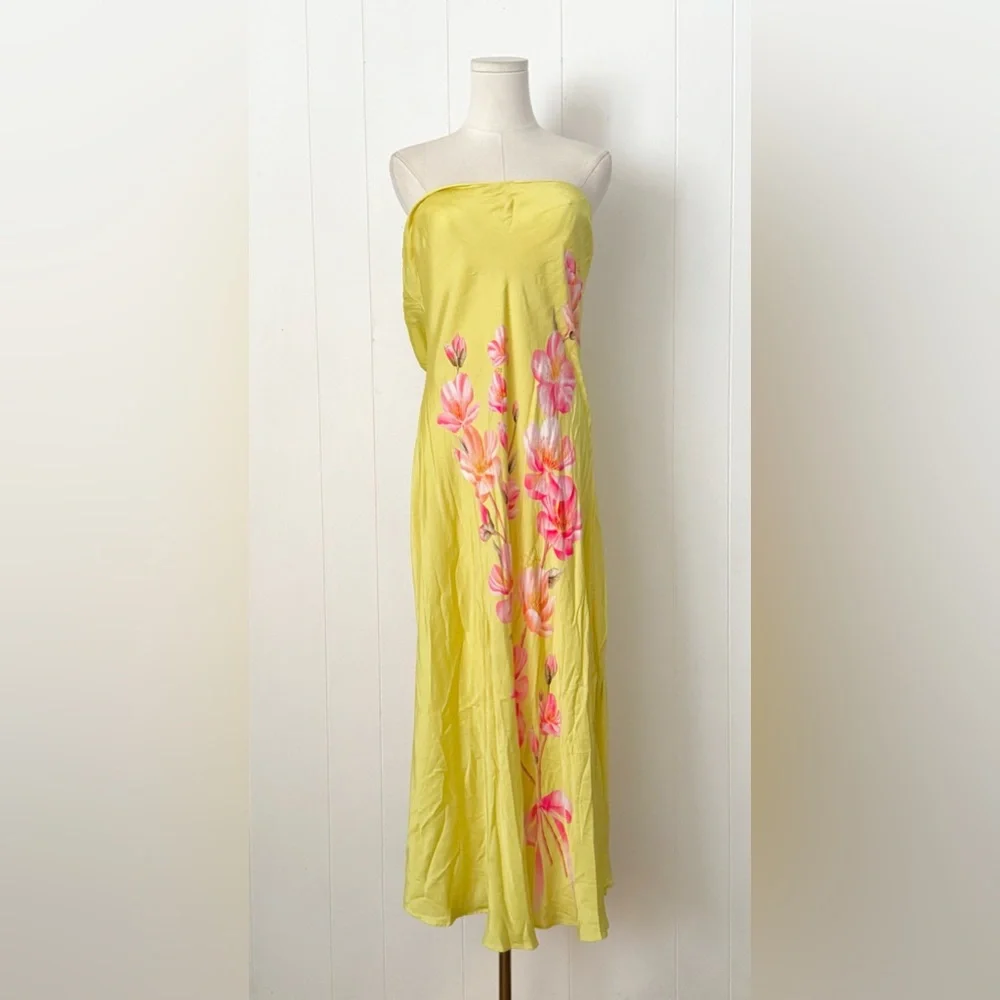 FARM Rio Strapless Yellow Floral Midi Dress