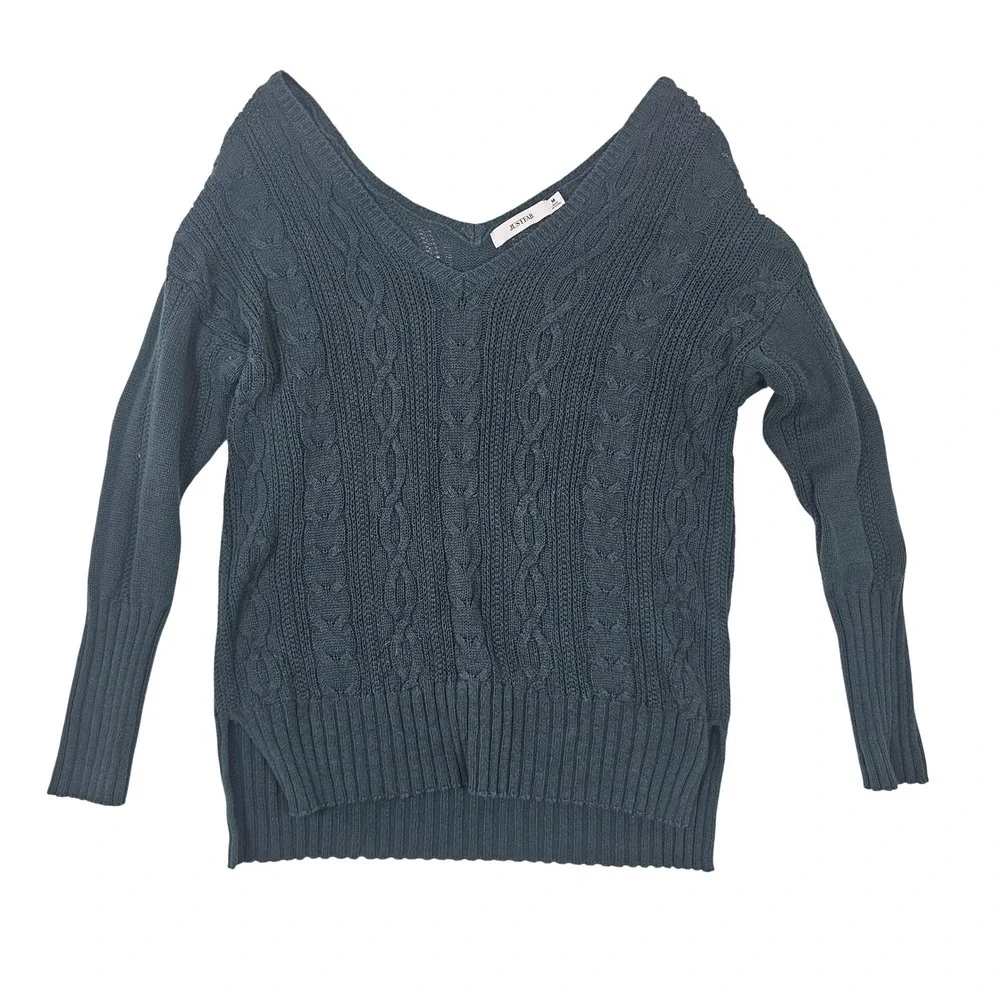 JustFab Womens Cable Knit V-Neck Sweater Dark Green Teal Long Sleeve Size Medium